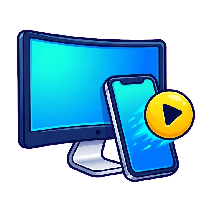 A desktop monitor and a smartphone, with a glossy yellow play button popping out of the phone.